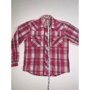 Rodeo Girl Kids Pink Plaid Metallic Snap Front Western‎ Shirt Rhinestones Size M